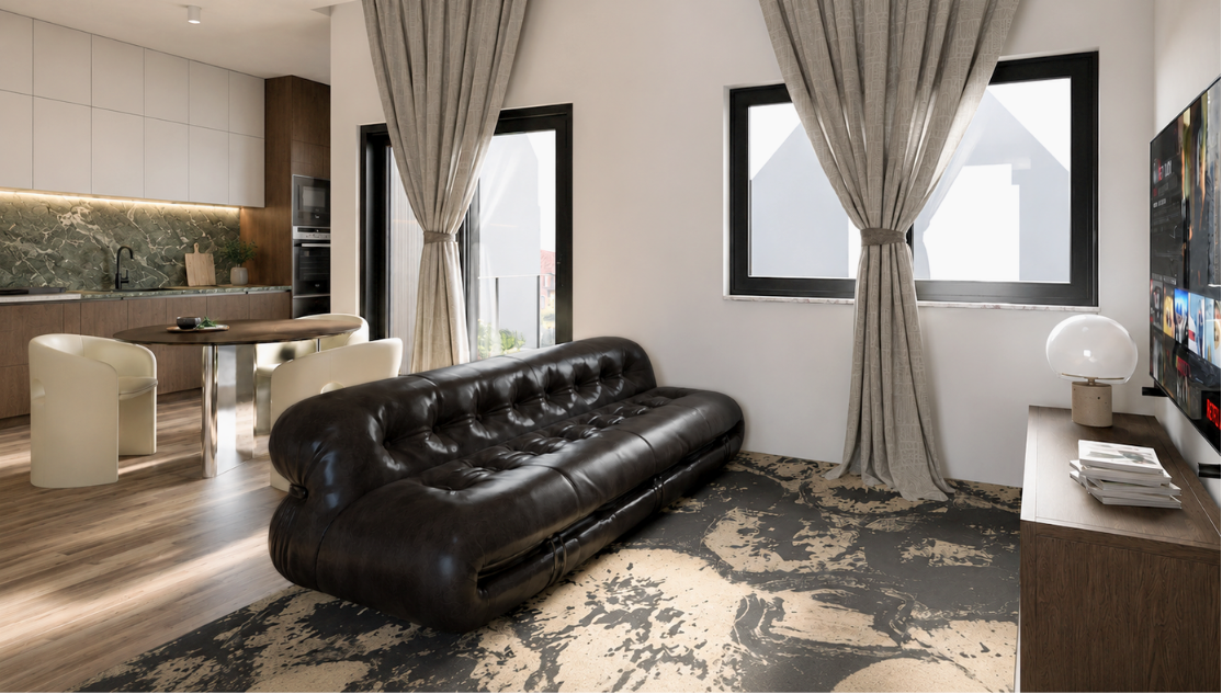 Offener Wohnbereich im Penthouse mit Küche